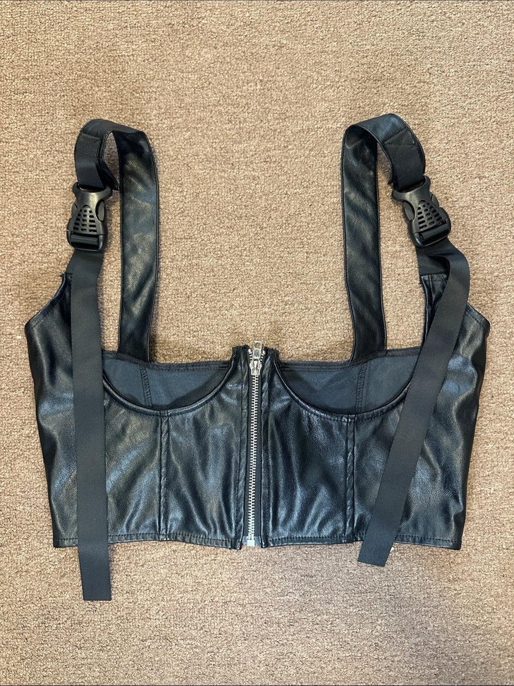 Black Faux Leather Zip Front Bustier Top